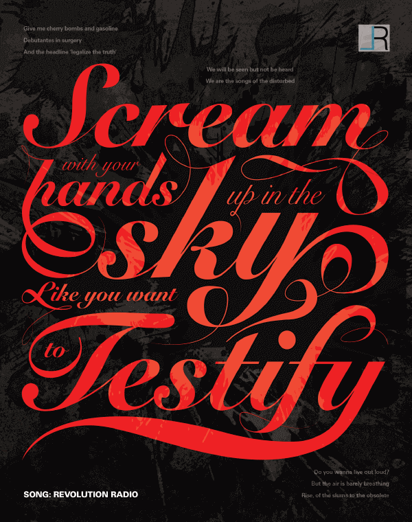 Typographic Composition of Revolution Radio by Green Day. Lyrics: Scream With Your Hands Up In The Sky. Like You Want To Testify.